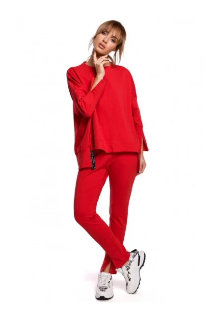 Голяма блуза със странични цепки -  Памук/еластан - Червена