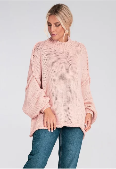 Извънгабаритен пуловер  розов - с буфан ръкави - акрилна плетка - за жени - полиестер