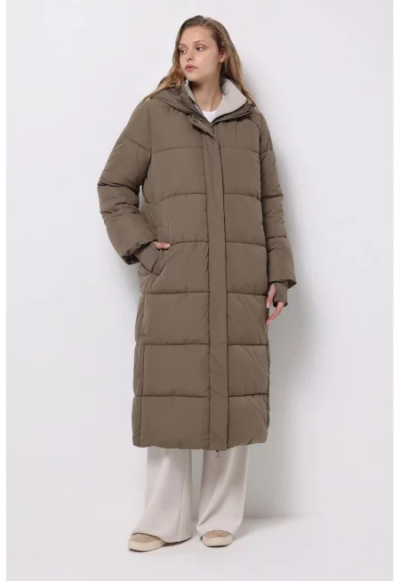 Капитонирано зимно яке с качулка - Сиво-кафяв