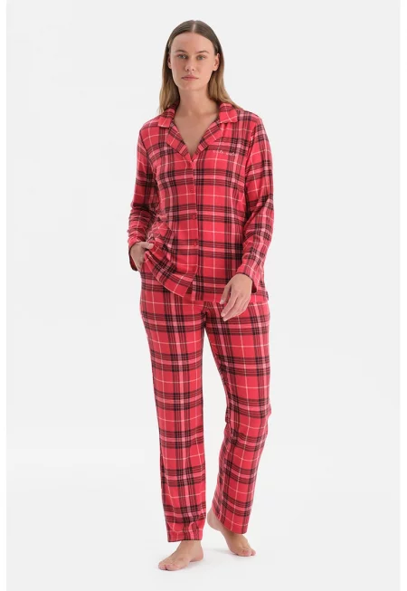 Карирана пижама с висока талия - Червен
