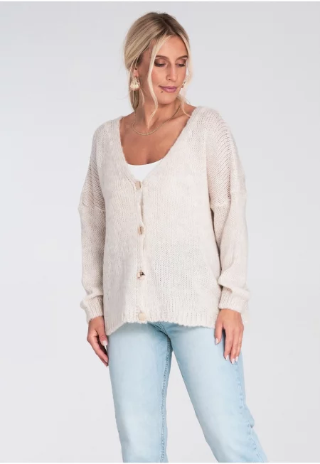 Къса дамска жилетка -  пуловер с декоративни копчета - бежов - плетена материя - полиестер