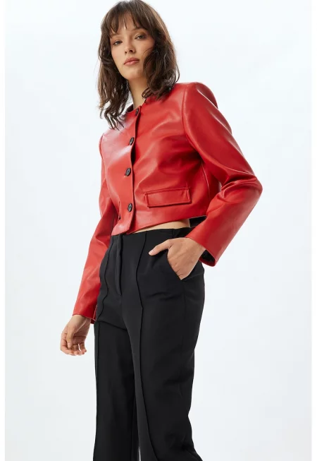 Късо яке от еко кожа - Червен/Черен