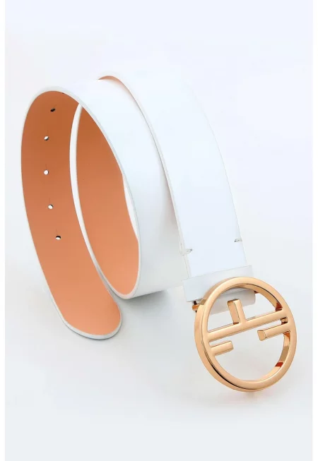 Кожен колан с тока с лого - Бял