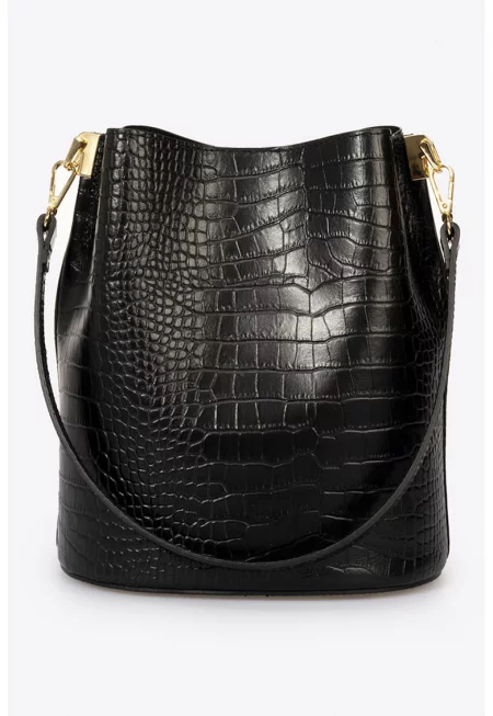 Кожена чанта за рамо с шагрен - Черен