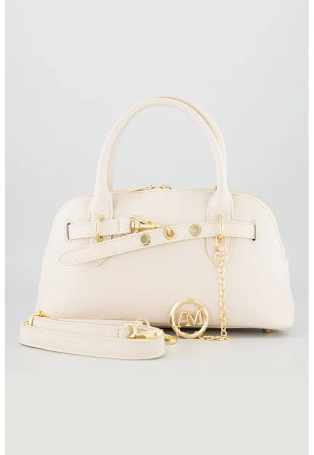 Кожена чанта за рамо с цип - Светло бежово