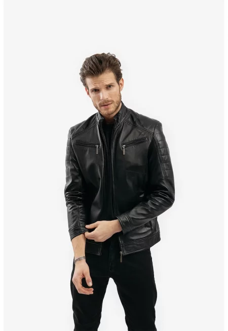 Кожено яке Dinu по тялото с джобове - Черен
