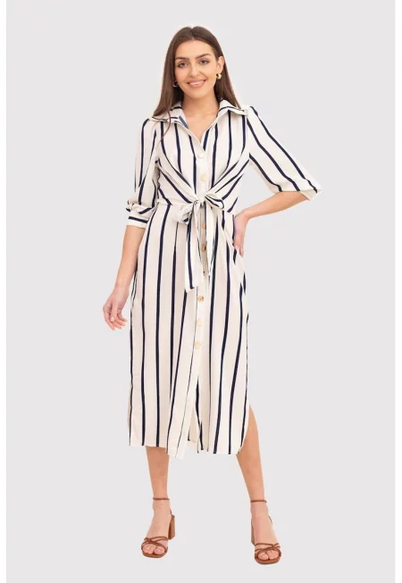 Кремава раирана миди рокля с копчета и 3/4 ръкави DA1794 CREAM/NAVY