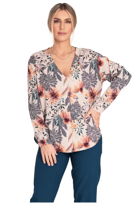Лятна блуза  с V-образно деколте - флорален мотив - Многоцветен