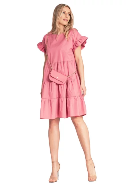 Лятна рокля -  с волани - розова - памук/еластан - SM