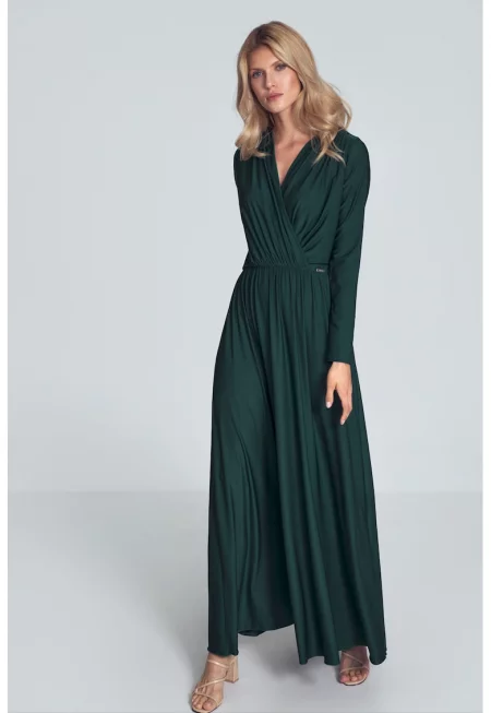 Макси рокля  зелена - елегантна - с дълъг ръкав - полиестер -