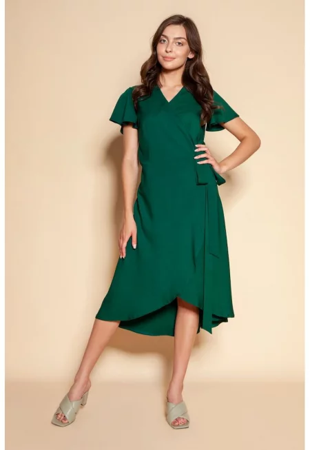 Миди рокля с прехвърлящ се модел и странично закопчаване