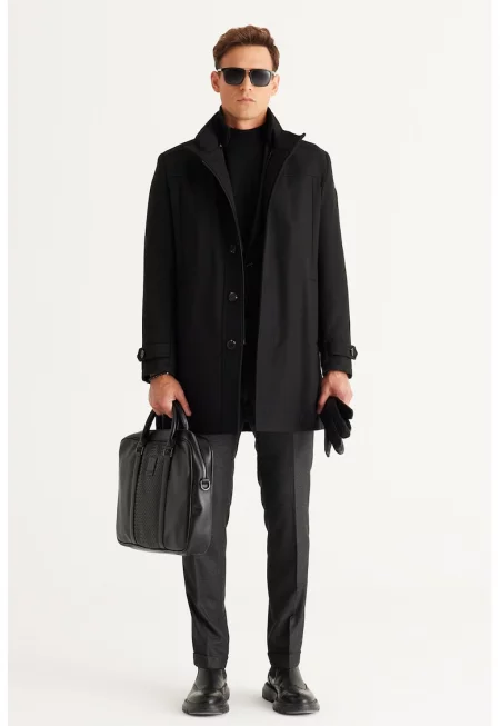 Палто с джобове встрани - Черен