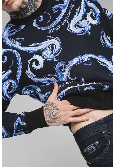 Памучен суитшърт с овално деколте - Черен/Лавандула/Мръснобял