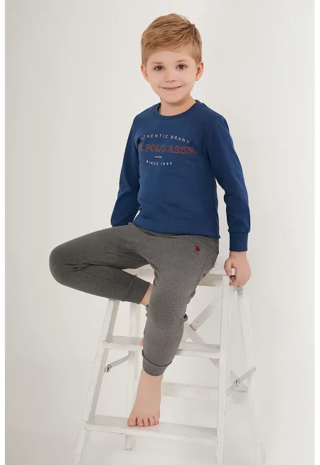 Памучна пижама с лого - Меланж тъмно сиво/Тъмносин