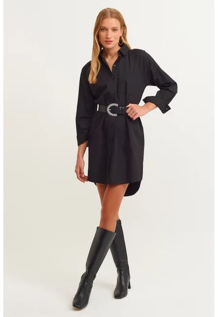 Памучна рокля-риза с асиметричен погъв - Черен