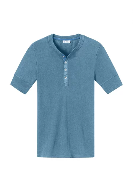 Памучна тениска с деколте Henley - Светлосин