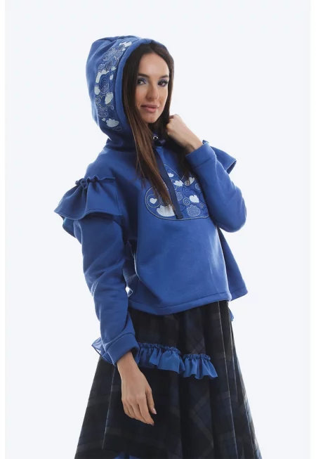 Памучно худи с дипли и бродерии - Бял/Тъмносин