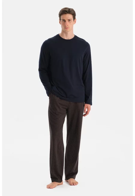Пижама на каре с памук - Кафяв/Ултрамарин синьо