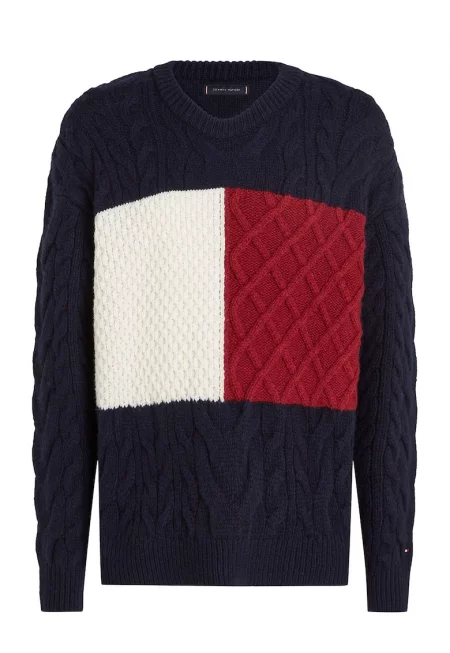 Плетен пуловер с вълна - Червен/Бял/Ултрамарин синьо