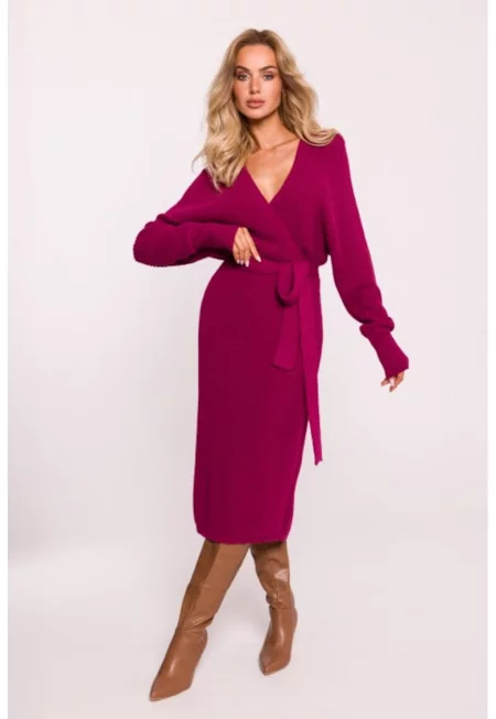 Плетена рокля с браздирано деколте и колан -  розово - един размер