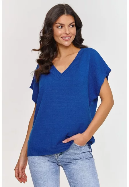 Пуловер с V-образно деколте и къси ръкави - един размер