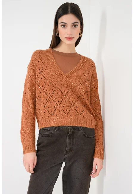 Пуловер с вълна с ажур и пайети - Златист/Канелено кафяво