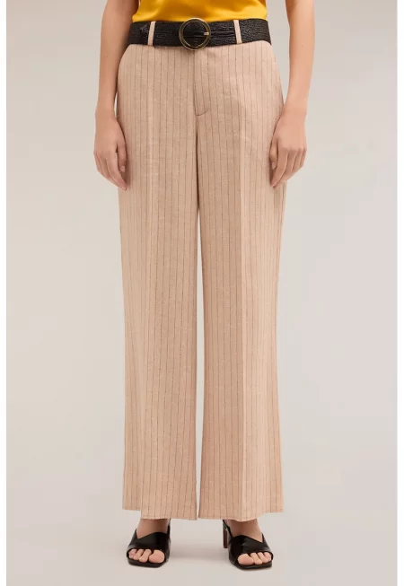 Раиран панталон с лен и широк крачол - Тъмнобежово