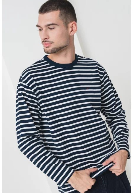 Раирана блуза с органичен памук - Бял/Ултрамарин синьо