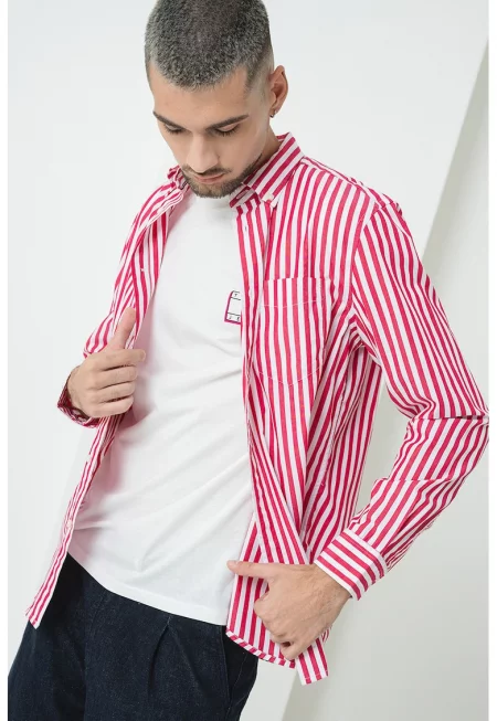 Раирана риза със стандартна кройка - Бял/Червен