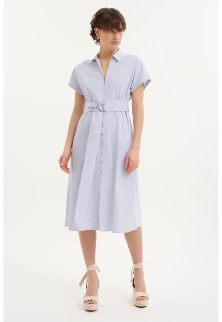 Раирана рокля тип риза с колан - Светлосин