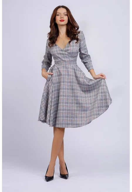 Разкроена миди рокля с джобове - Светло сив/Бледооранжев/Мръснобял