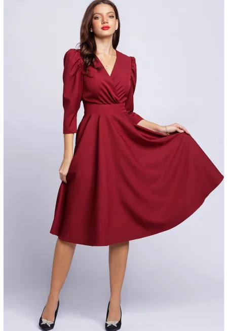 Разкроена рокля с бухнали ръкави - Бордо