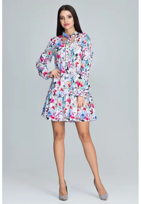 Рокля  M599 - флорална - многоцветна - с дълъг ръкав - полиестер - SM