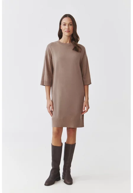 Рокля-пуловер с рипсени маншети - Сиво-кафяв