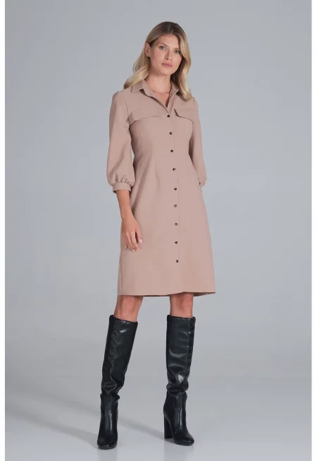 Рокля -  риза - буф ръкави - бежово - полиестер