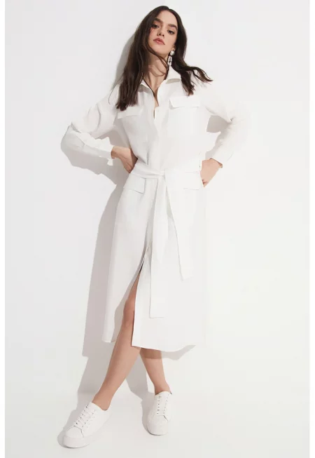 Рокля-риза с връзка - Бял