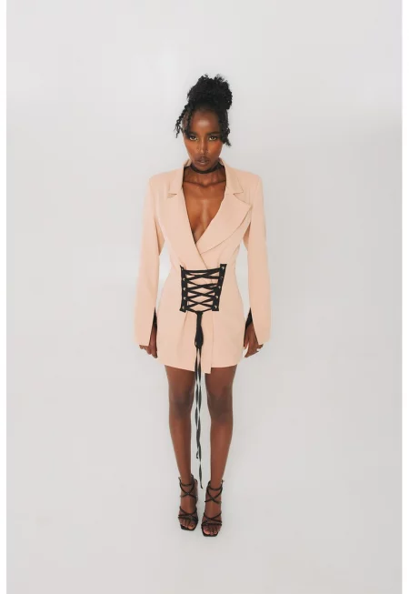 Рокля тип сако с връзка - Бежов