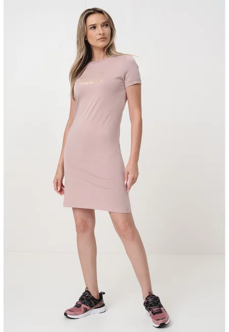 Рокля тип тениска с мода с лого - Златист/Прашно розово