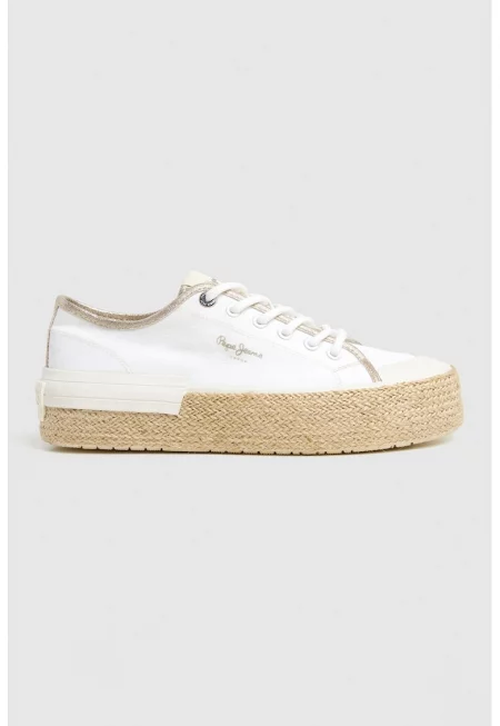 Спортни обувки от текстил с равна платформа - Бял/Златист