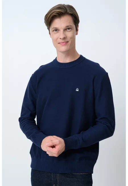 Свободен пуловер с памук и рипсени краища - Тъмносин