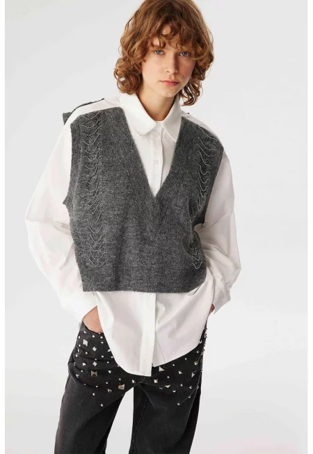 Свободна памучна риза - Бял/Сив