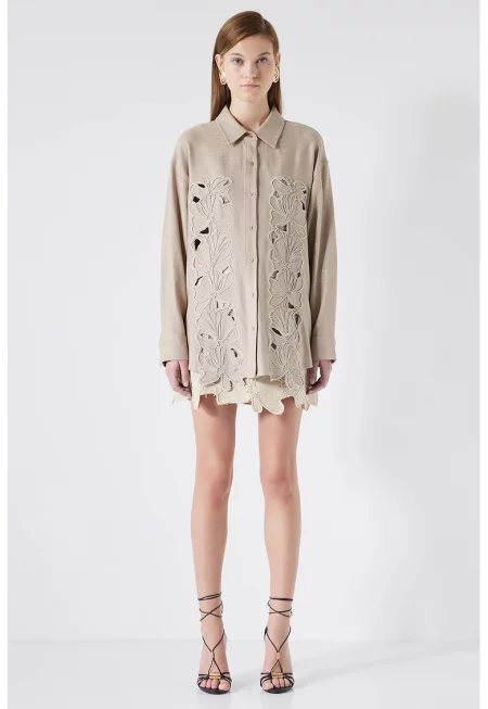 Свободна риза с перфорации - Сиво-кафяв