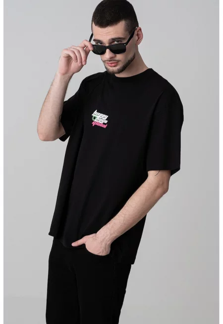 Тениска с лого и овално деколте - Бял/Черен/Розово