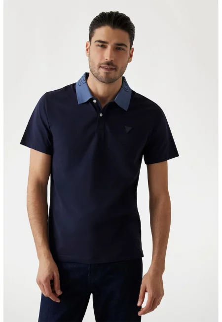 Тениска с памук с яка - Тъмносин