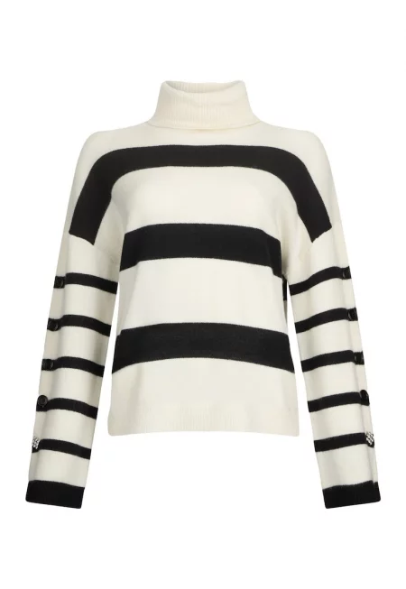 Вълнен пуловер с поло - Бял/Черен