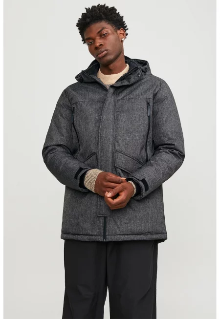 Зимно яке с предни джобове - Черен меланж