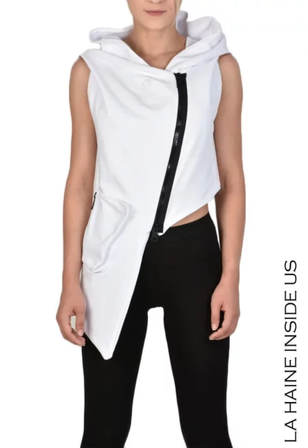 Асиметричен спортен елек с качулка - Бял
