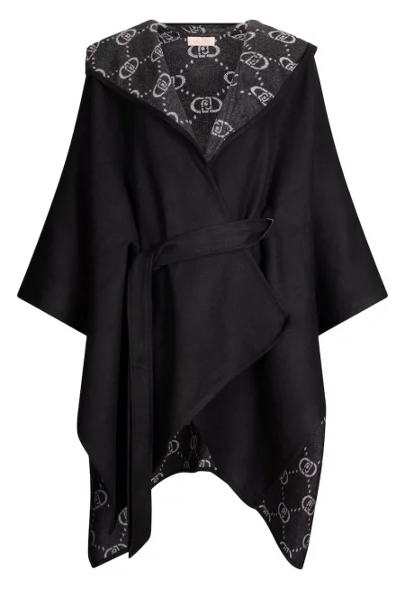 Асиметрично пончо с качулка - Черен