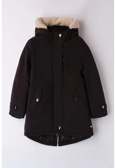 Дълго яке с качулка и подплата от еко кожа - Черен/Бежов