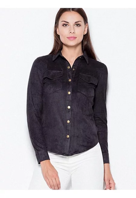 Дамска риза  дълга - черна - от велур - с метални копчета - 95% полиестер - 5% еластан